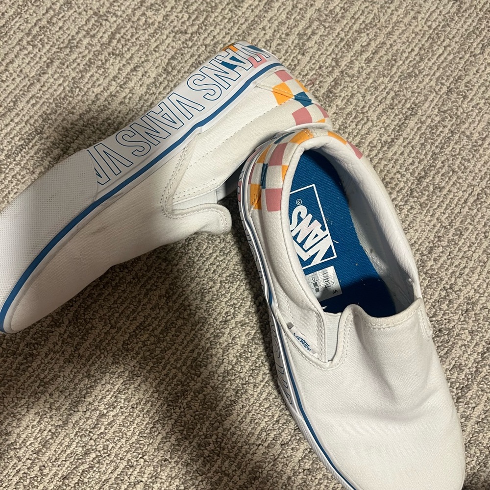 Vans White Slip-On Shoes with multicolored checkers
